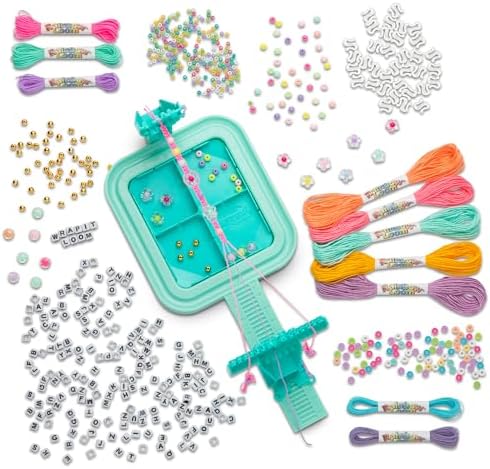 Turquoise plastic bracelet maker loom showing colorful threads attached for DIY macrame and wrapped jewelry patterns.