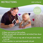 Green Pollywog baby safe stamp kit illustrating how to place the ink side down on cardstock.