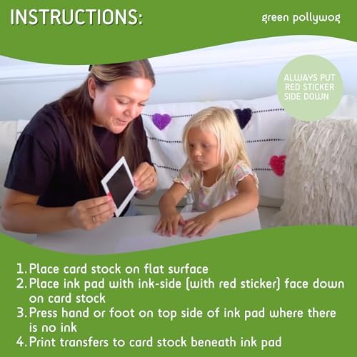 Green Pollywog baby safe stamp kit illustrating how to place the ink side down on cardstock.