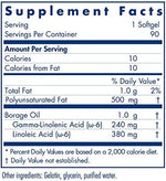 Allergy Research Group Omega 6 high potency gamma linolenic acid supplement label details.