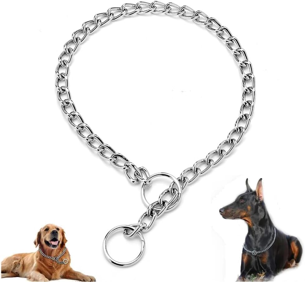 Pimaodog metal choke link dog collar silver front view for obedience training