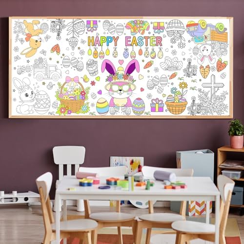 Group of young students using markers and crayons to fill in the Speringeen jumbo Easter activity tablecloth at a school party