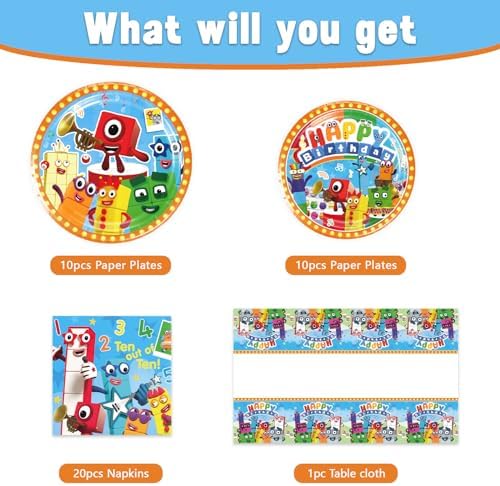Close up of Number Blocks theme paper plates for birthday decorations