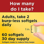 Nature Made Omega 3 Extra Strength softgels displayed next to the product packaging illustrating capsule size and transparency.