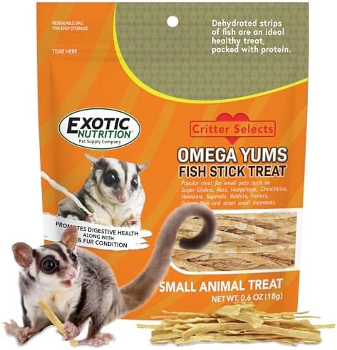 Exotic Nutrition Omega YUMS Fish Stick Treat front packaging view for sugar glider snacks.