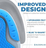 BloomLab silicone heel inserts being placed into a formal shoe for pain relief.