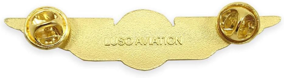 Close-up of Luso Aviation aviator pin featuring dark navy blue enamel inlay