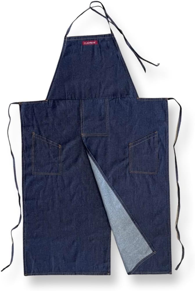 Claypron Blue Denim apron front view potters apparel