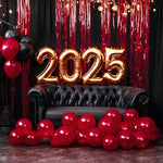 Graduation party stage arrangement decorated with PartyWoo red foil backdrops and matching balloon garlands.