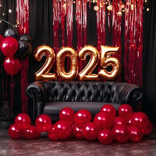 Graduation party stage arrangement decorated with PartyWoo red foil backdrops and matching balloon garlands.