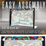 Franklin Sports graffiti themed youth hockey net setup for indoor sports play.