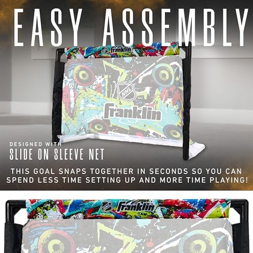 Franklin Sports graffiti themed youth hockey net setup for indoor sports play.