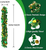 Close up view of the green and gold metallic tinsel showcasing the detailed shamrock clover shapes.