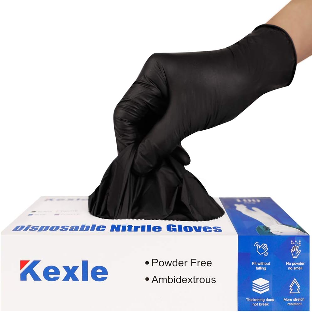 Keoely Black Nitrile Disposable Gloves front view of dispensing box.
