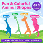 Four individual packs of Trueocity kids dental flossers totaling two hundred count in premium resealable travel bags.