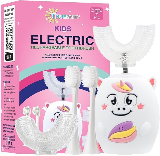 Trueocity Kids U Shape Toothbrush pink unicorn electric rechargeable model front view