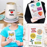 KASANYER religious stickers arranged flat showing unique scripture fonts and vibrant illustrations suitable for gifting.