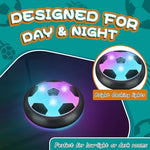 Kids indoor soccer game setup with two hovering discs and included alkaline batteries.