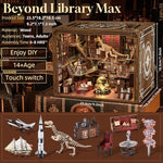 Assembled 3D wooden puzzle bookend glowing brightly on a bookshelf between novels