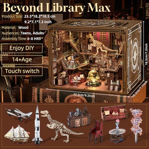 Assembled 3D wooden puzzle bookend glowing brightly on a bookshelf between novels