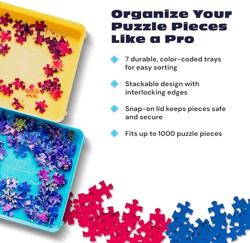 Durable plastic puzzle piece organizers separated across a tabletop workspace