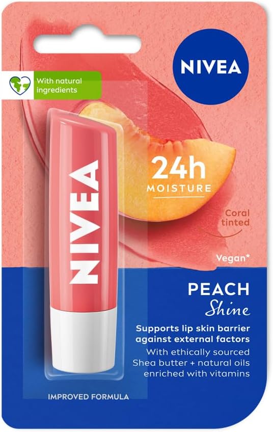 Nivea peach tinted lip balm cap open showing texture