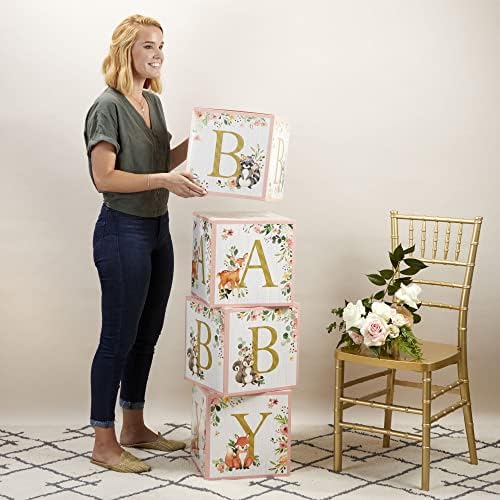 Four baby shower decorative boxes with woodland animal illustrations