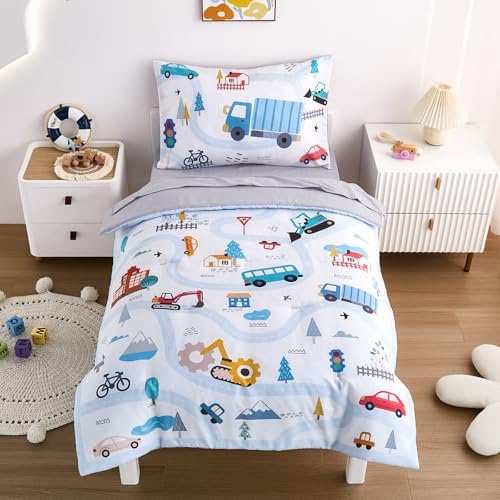 NacoMoco 4 piece kids bedding collection neatly arranged on a standard toddler bed mattress.