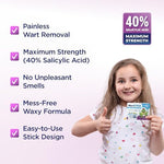 Solid stick applicator for mess-free kids common and plantar wart treatment.