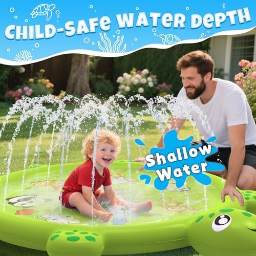 Shallow turtle kiddie pool filled with water for safe toddler summer play