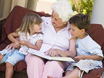 Grandmas Joy grandchildren photo book showing detailed white side stitching and button center flower