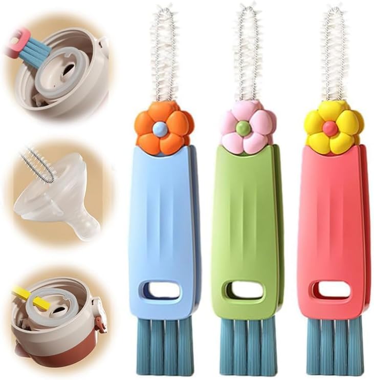 Sueea 3 in 1 cup lid cleaning brush front view showing the flower shaped rotatable design