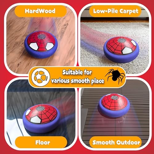 Omiowl spider theme air power soccer disk showing kids kicking the safe floating toy barefoot.