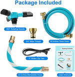 Step by step installation illustration showing zip ties attaching the hose to a trampoline pole
