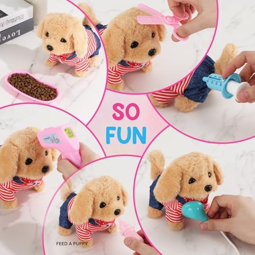 Child playing with Skymetis walking plush puppy toy
