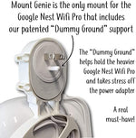 Mount Genie smart home router bracket showing patented dummy ground prong plug adapter for reinforced support