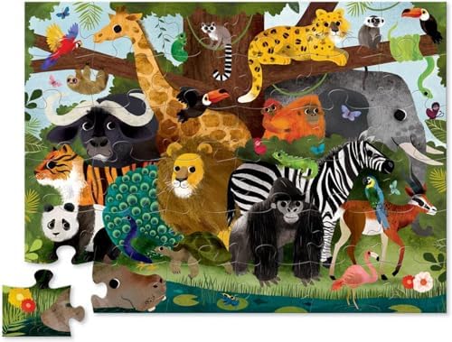 Crocodile Creek Jungle Friends 36 Piece Floor Puzzle fully completed on the floor displaying the large vibrant green jungle animal artwork