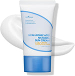 IsNtree Hyaluronic Acid Natural Suncream SPF 50 Plus 50ml tube front view showing white and blue packaging