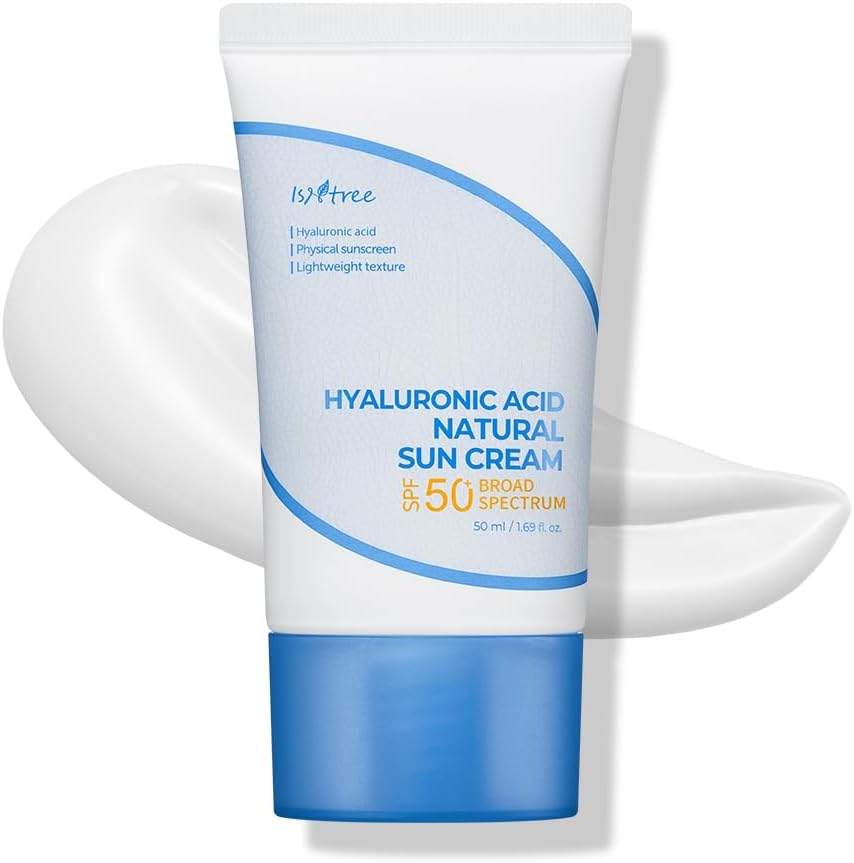 IsNtree Hyaluronic Acid Natural Suncream SPF 50 Plus 50ml tube front view showing white and blue packaging