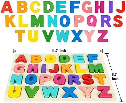 Toddler hands holding a bright blue wooden letter block over the matching slot on the board.