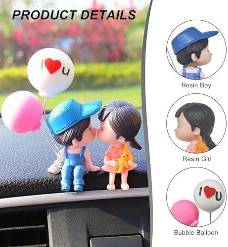 Cute couple figurine with balloon on car dashboard