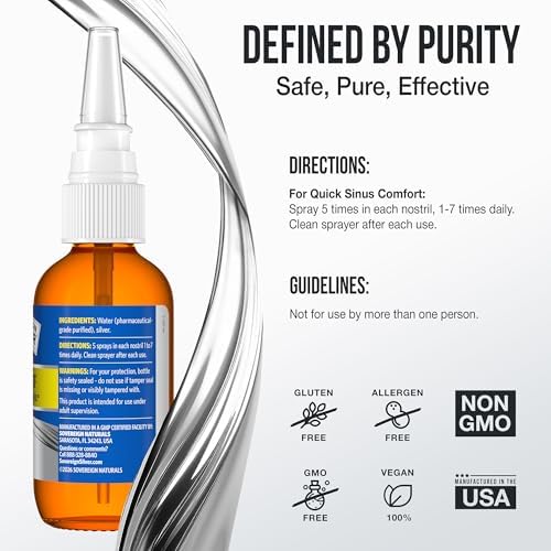 Back label of Sovereign Silver Sinus Relief spray highlighting ingredients and usage instructions