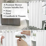 Weighted bottom magnets embedded in the hem of a white fabric shower curtain
