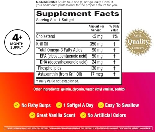 Close up view of the small easy to swallow pure krill oil softgels with astaxanthin antioxidant