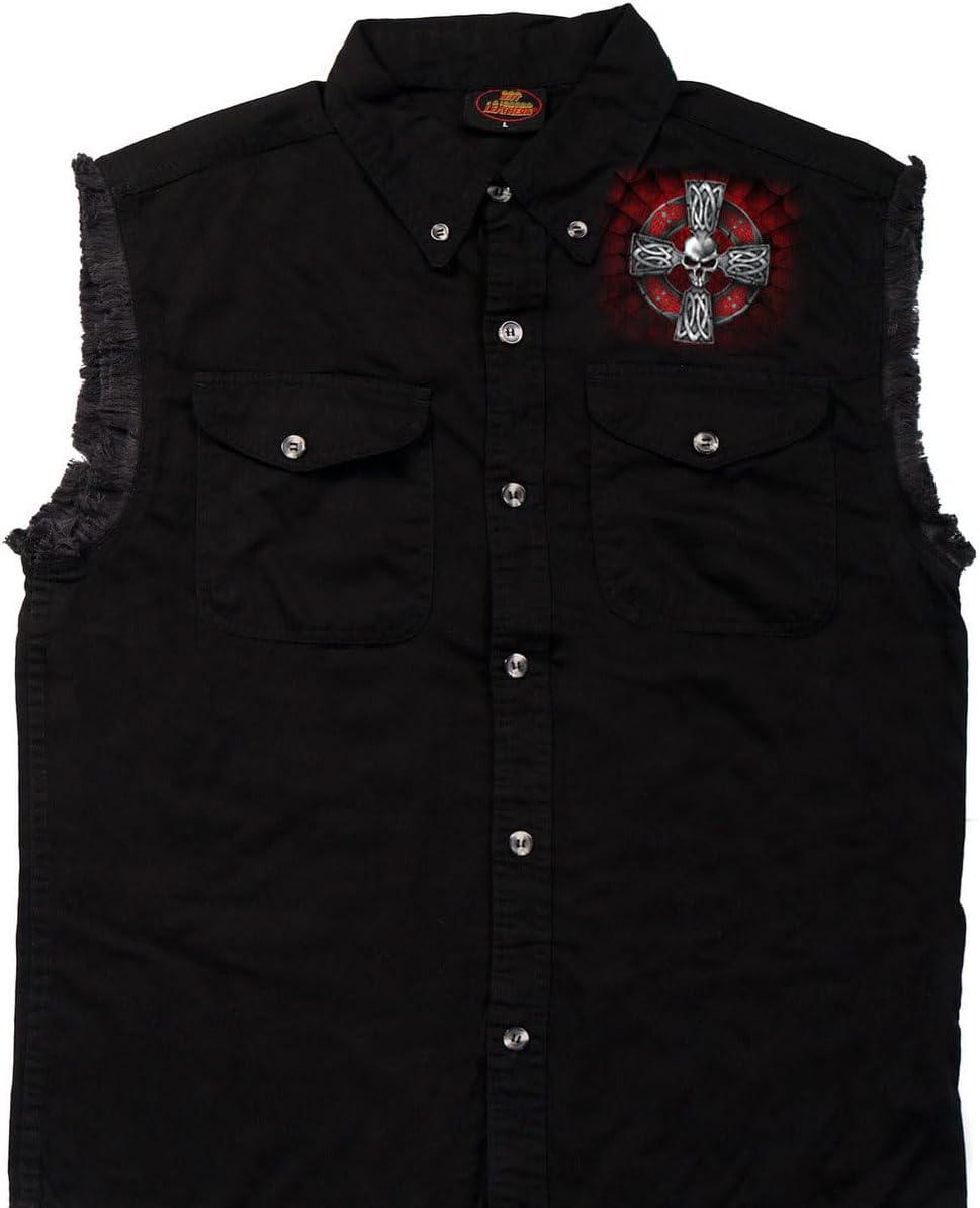 Hot Leathers Men's Celtic Cross Sleeveless Denim shirt front view showing black fabric and left chest graphic print.