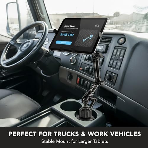 Side view of Mount-It electronic logging device holder emphasizing the durable metal frame and anti-vibration joints.