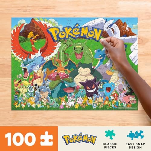 Assembled 15 by 11 inch Pokémon puzzle showing Pikachu and Eevee character collage