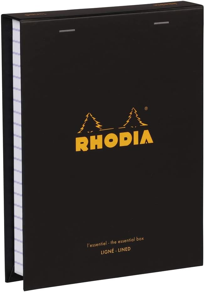 Rhodia black gift box open showing assorted notebooks and pencils