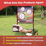 Reversible backyard toy frame displaying the baseball scoring zones and accessories