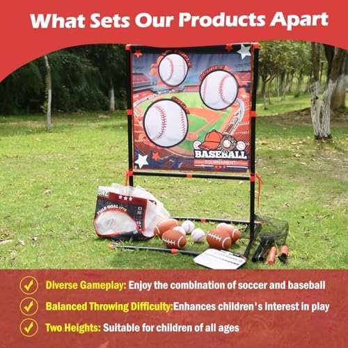 Reversible backyard toy frame displaying the baseball scoring zones and accessories